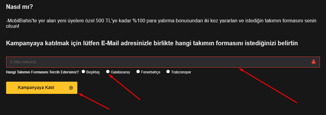 Kampanyaya katılmak için lütfen E-Mail adresinizle birlikte hangi takımın formasını istediğinizi bu sayfada verilen talep formundan belirtin.